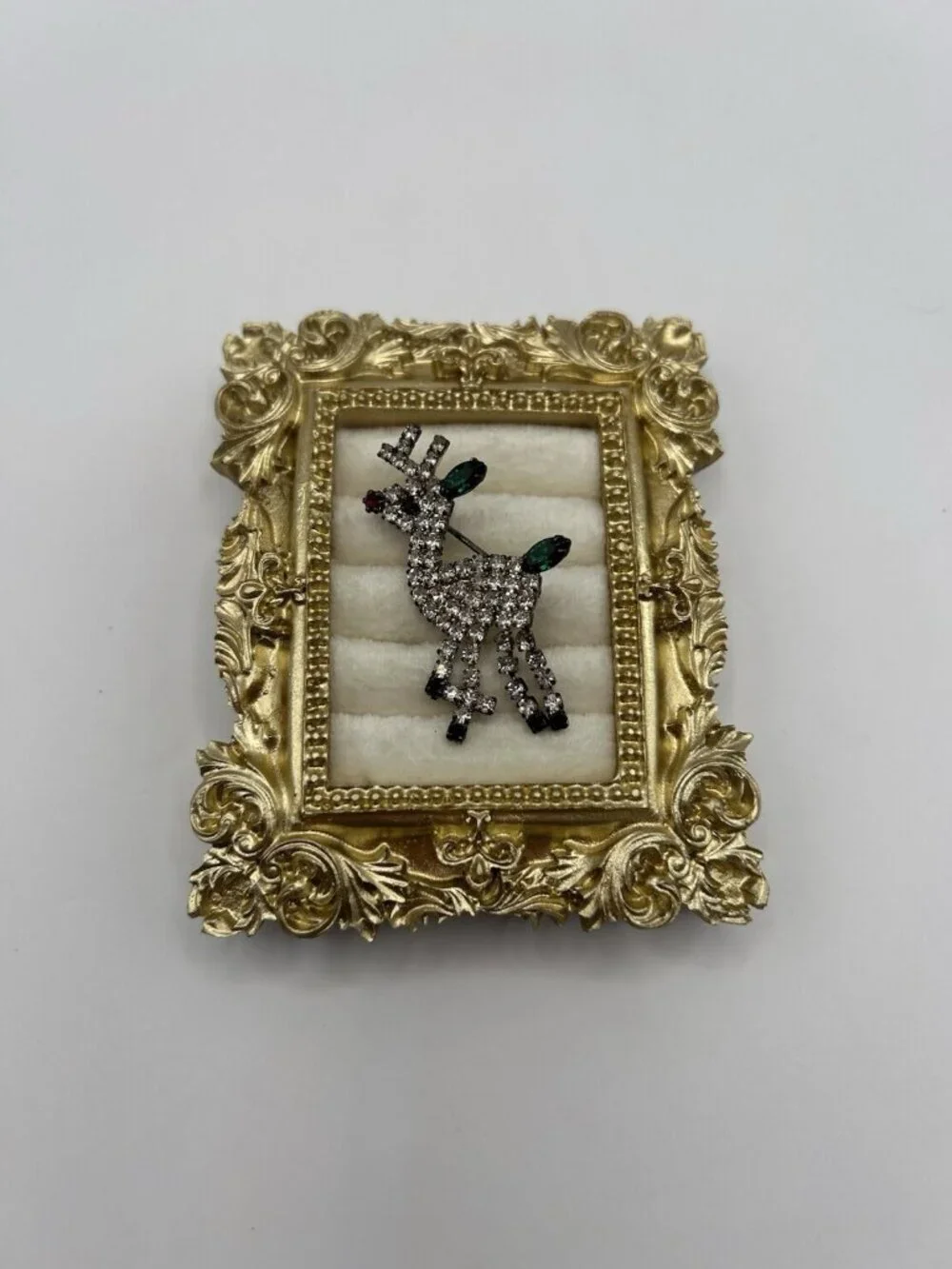 VTG Reindeer Brooch Rudolph Red Nose Rhinestone Christmas Pin Dangly Legs